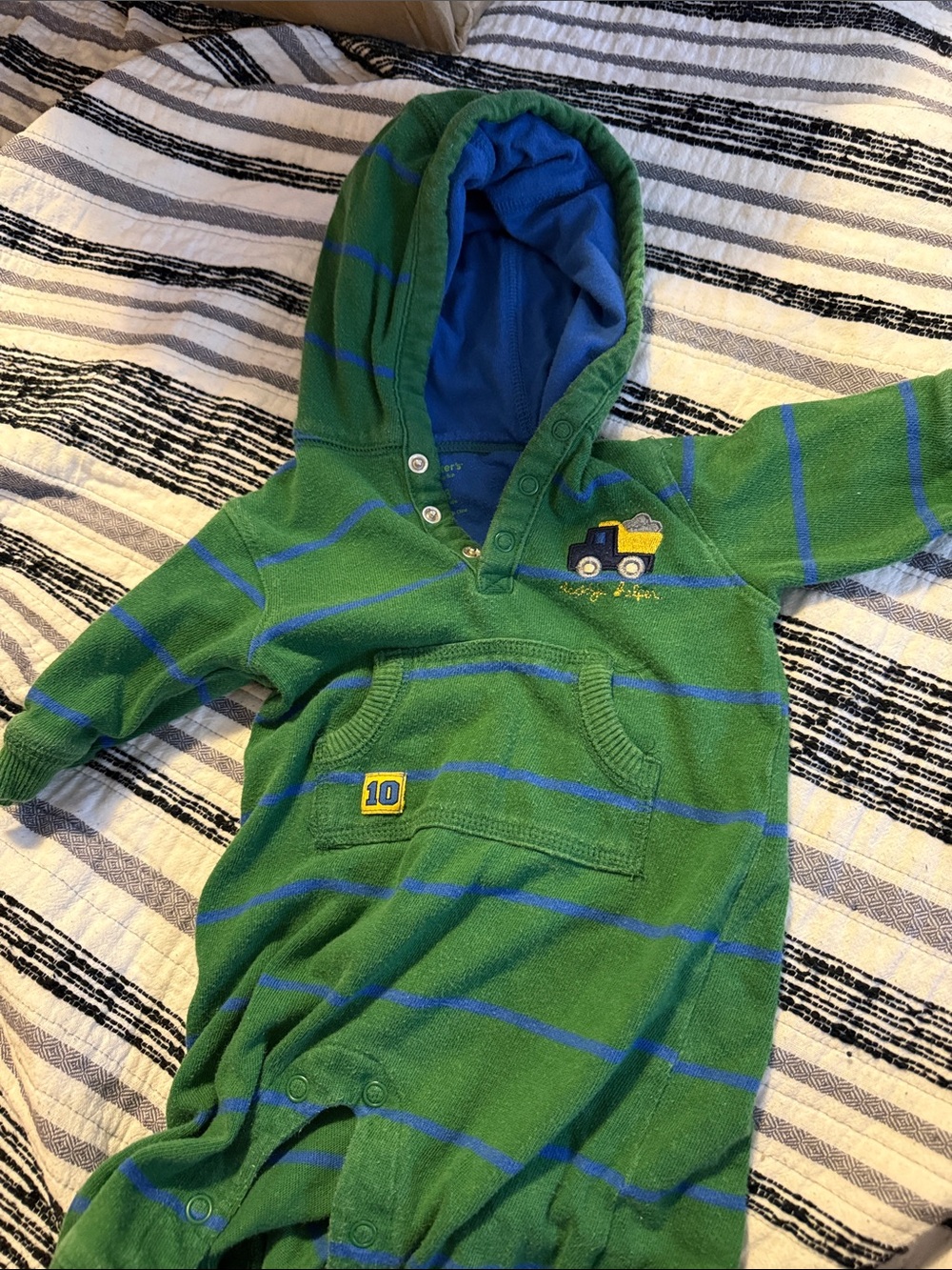 Carter's Green & Blue Striped Hooded One-Piece Bodysuit